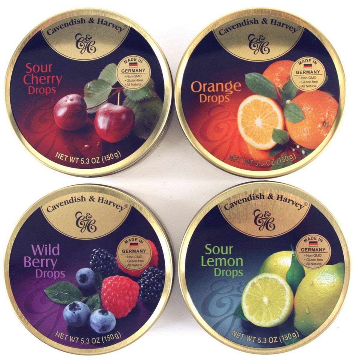 Cavendish & Harvey | Variety Flavor Hard Candy Drops | Orange  Wild Berry  Sour Lemon  & Sour Cherry | 5.3 Ounce Tins - 4 Pack