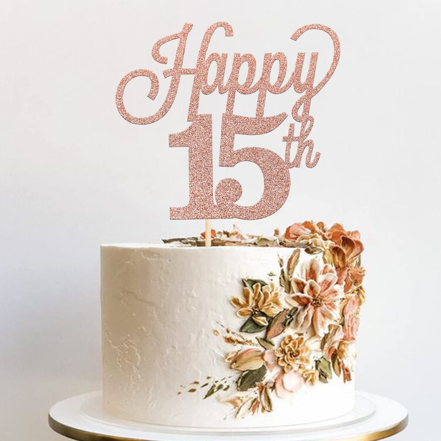 YCTHUNFISH 15th Birthday Cake Topper, Black Glitter Number 15, Rose Gold Bamboo Decorations
