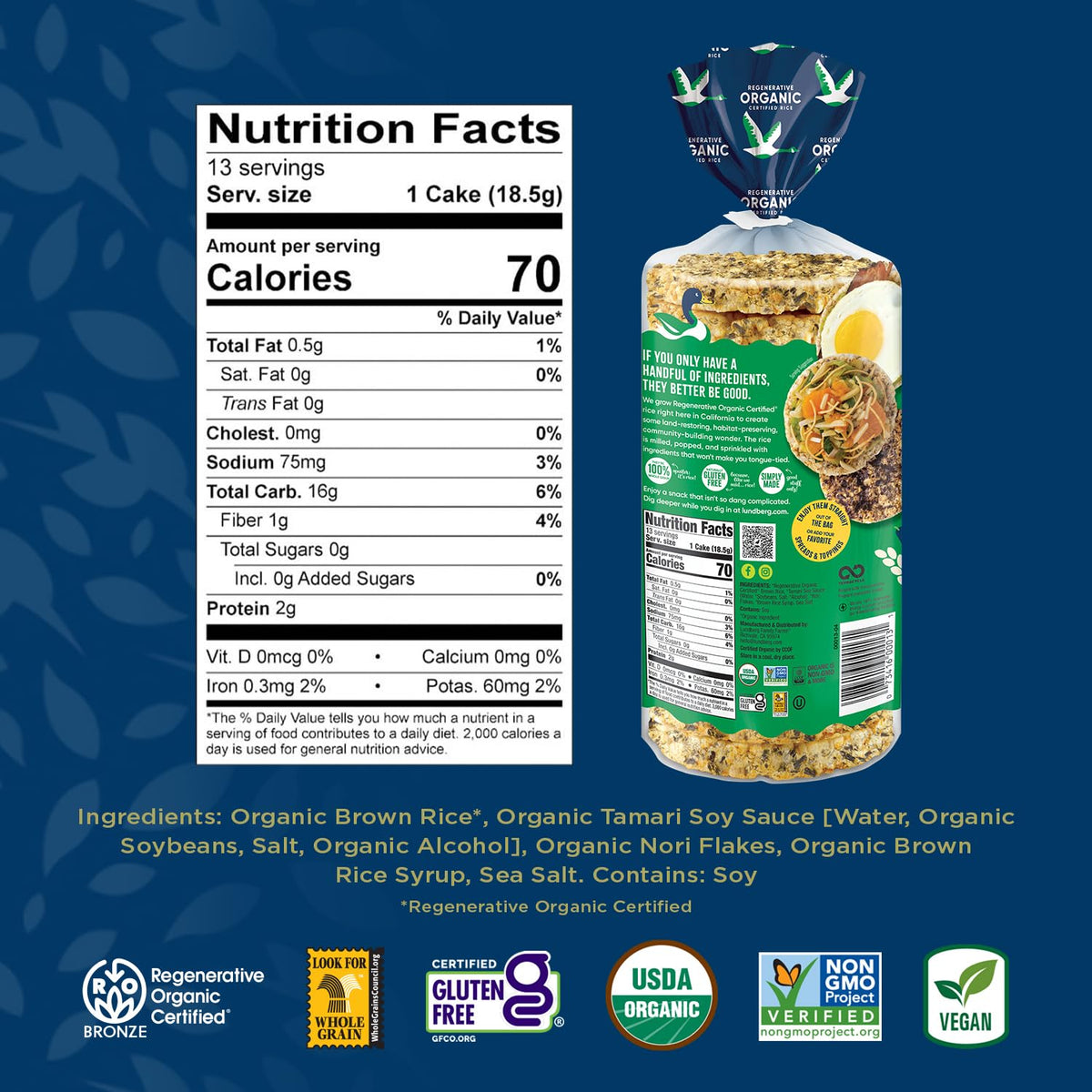 Lundberg Organic Tamari Rice Cakes, Gluten-Free & Vegan, 6-Pack, 8.5 Oz