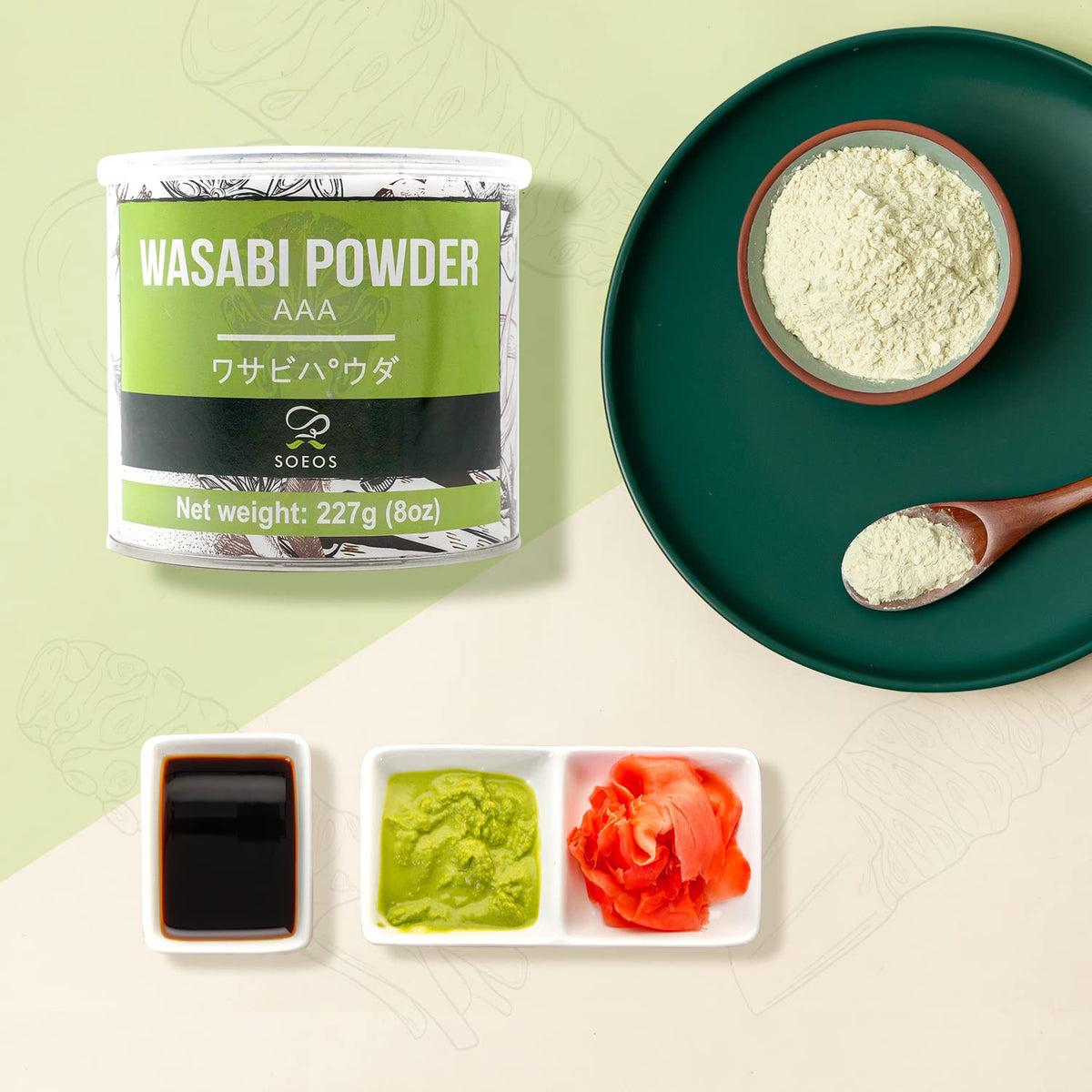 Soeos Wasabi Powder, Premium for Sushi & Sashimi, 8oz (227g), Green