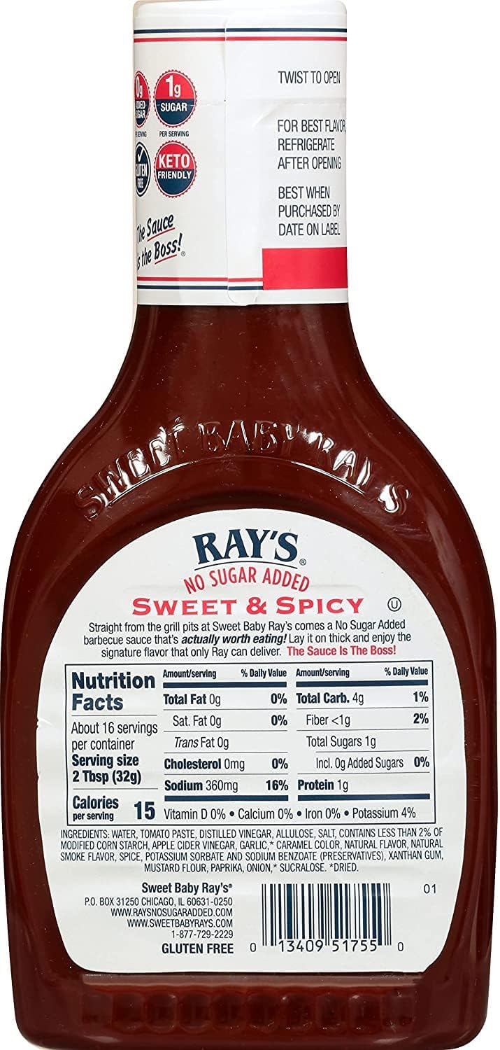 Sweet Baby Rays No Sugar Added Bbq Sauce - Sweet & Spicy Flavor, 18.5 Oz Bottle, Perfect For Grilling And Dipping - Pack Of 3 -