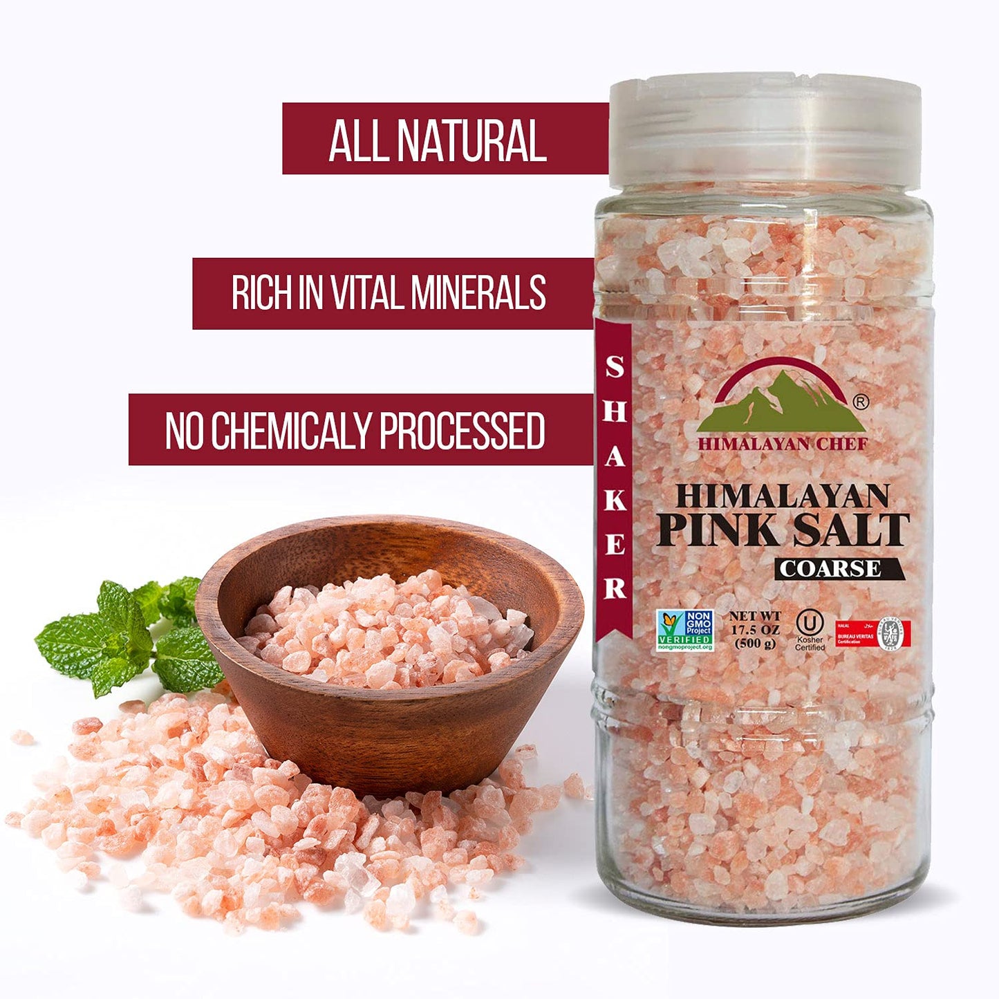Himalayan Chef Himalayan Pink Salt, Coarse Grain, 17.5oz Glass Jar, Model 5305, Pink