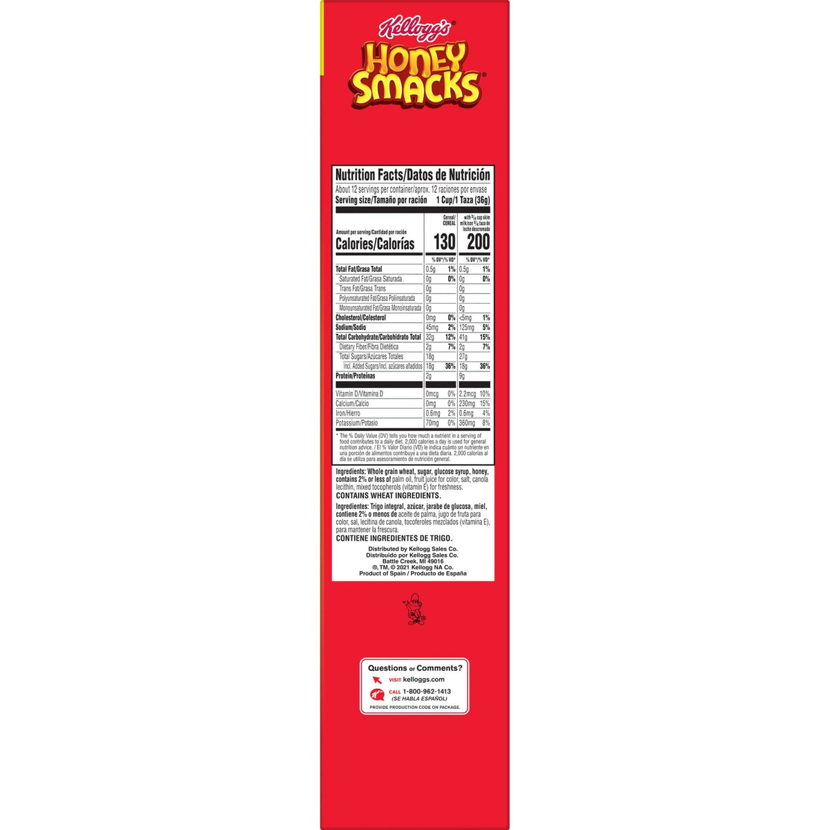 Kelloggs Honey Smacks Breakfast Cereal, Made with Whole Grain, Kids Snacks, Large Size, Original, 15.3oz Box (1 Box)