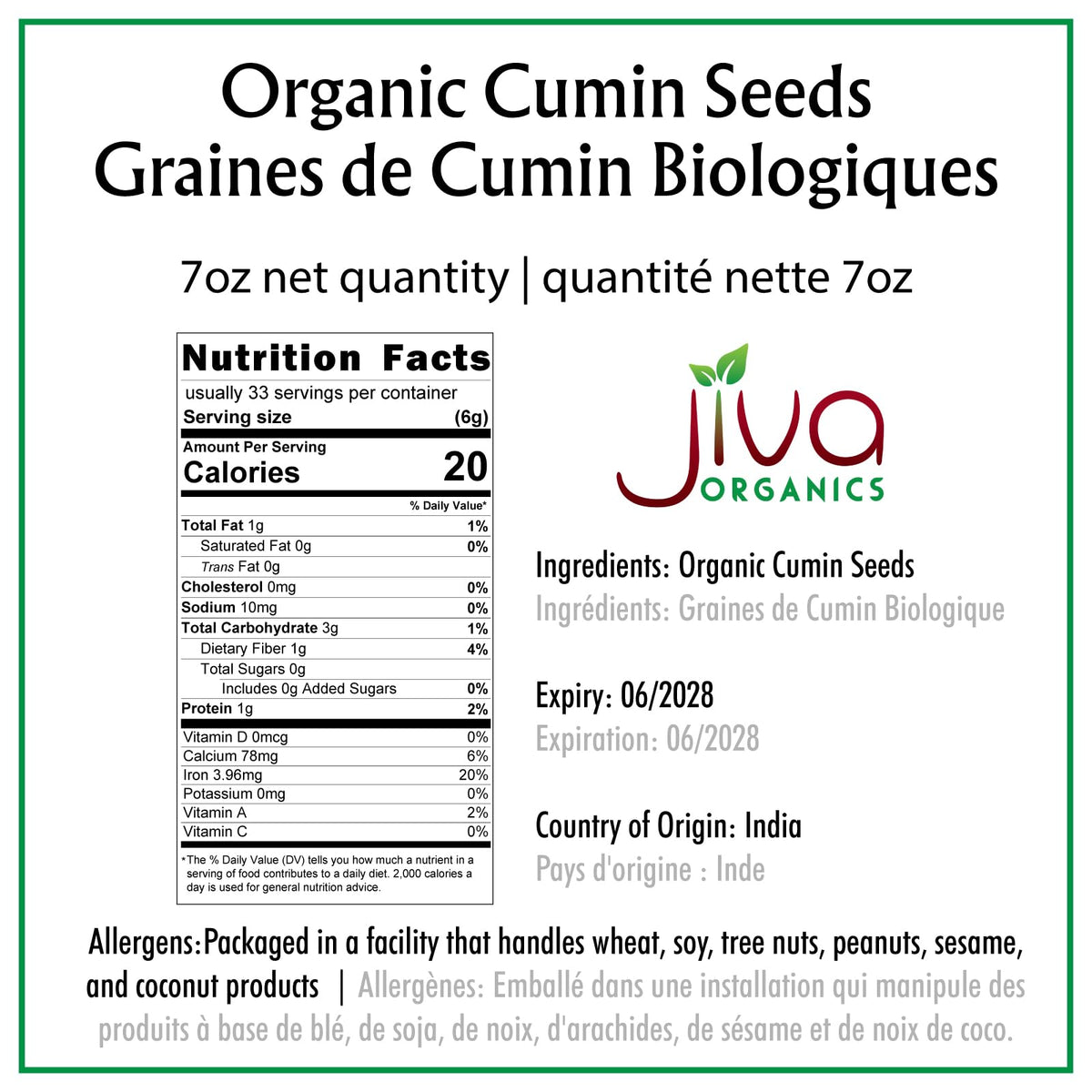 Jiva USDA Organic Cumin Seeds Whole 7oz - Packaged in Resealable Bag