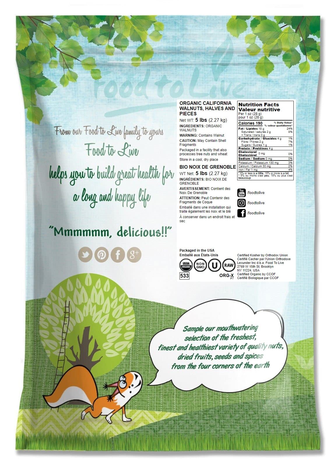 Food to Live - Organic California Walnuts, 5 Pounds Halves & Pieces, Raw Nuts, Unsalted, No Shell, Suitable for Sirtfood Diet