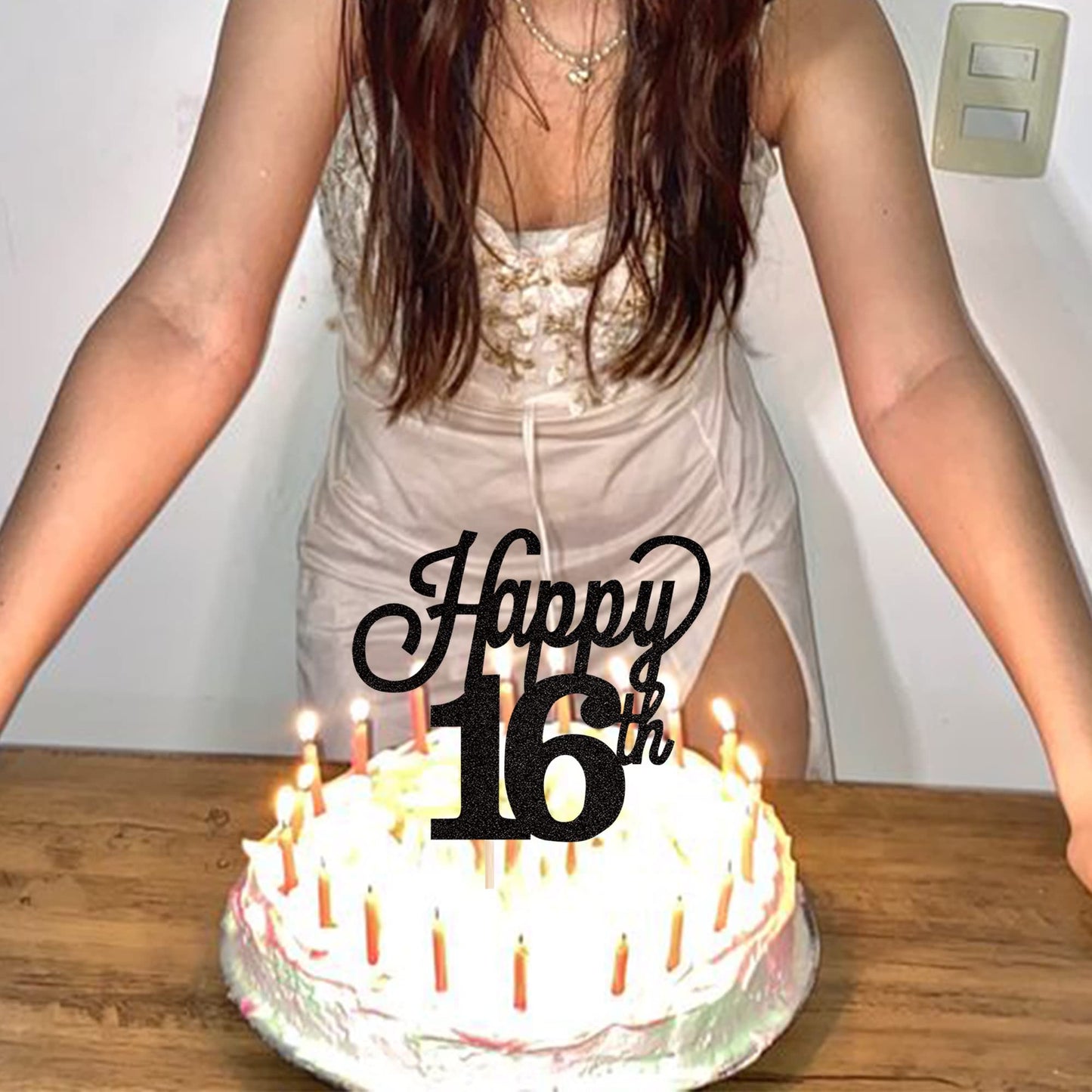 YCTHUNFISH Happy 16th Cake Topper, Black Glitter Number 16, Bamboo Material, Birthday Party Decorations