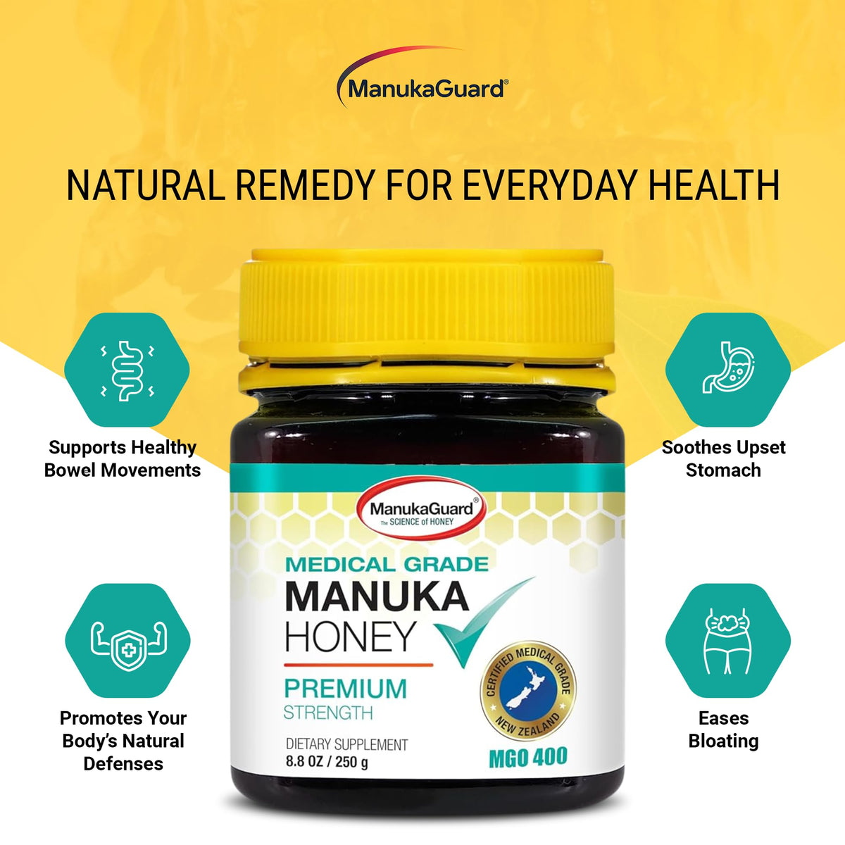 Manukaguard® Medical Grade Manuka Honey Mgo 400+ | 100% Authentic New Zealand Manuka Honey | Healing Honey For Immunity Boost | 8.8 Oz