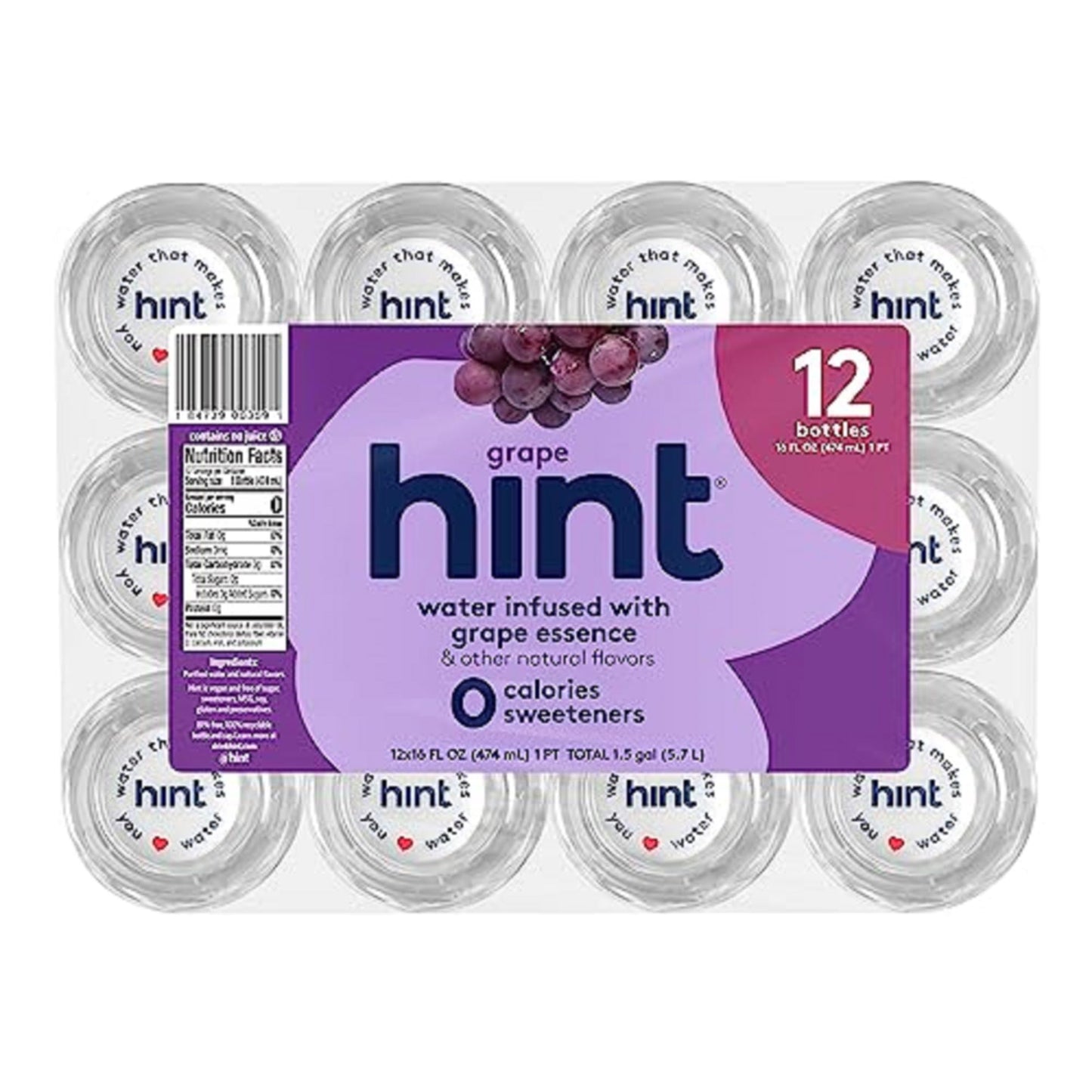 Hint Water Grape, Pure Water Infused with Grape, Zero Sugar, Zero Calories, Zero Sweeteners, Zero Preservatives, Zero Artificial