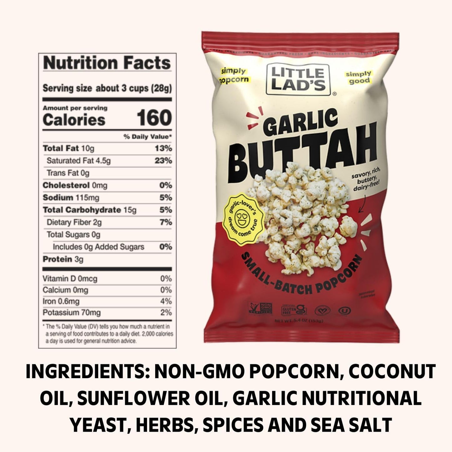Little Lads Healthy Popcorn (Garlic Buttah) - Vegan, Gluten-Free, Non-Gmo Popcorn With Garlic Butter Flavor -1.4 Oz (Pack Of 6)