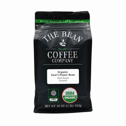 The Bean Organic Coffee Company Suzis Power Bean, Dark Roast, Ground Coffee, 16-Ounce Bag, Caf   molido tostado org  nico
