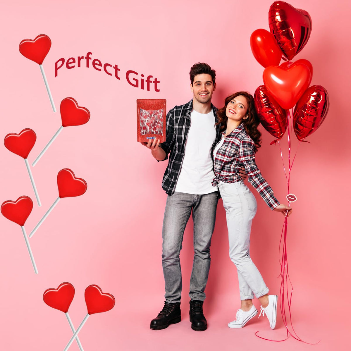 Fruidles Valentines Day Lollipops Mini Red Heart Shaped Strawberry Flavored Lollipop, Individually Wrapped, 5g Lollipops (1600 L