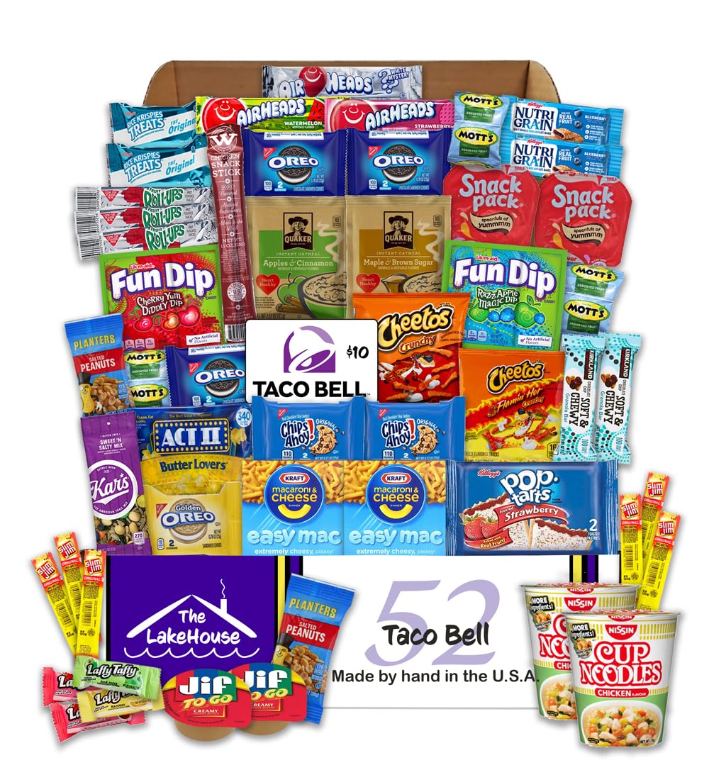 Lakehouse Student 52 College Care Package With Taco Bell Gift Card - College Essentials Snack Box - College Snack Boxes Care Packages For College Students Gift Basket - College Dorm Room Essentials