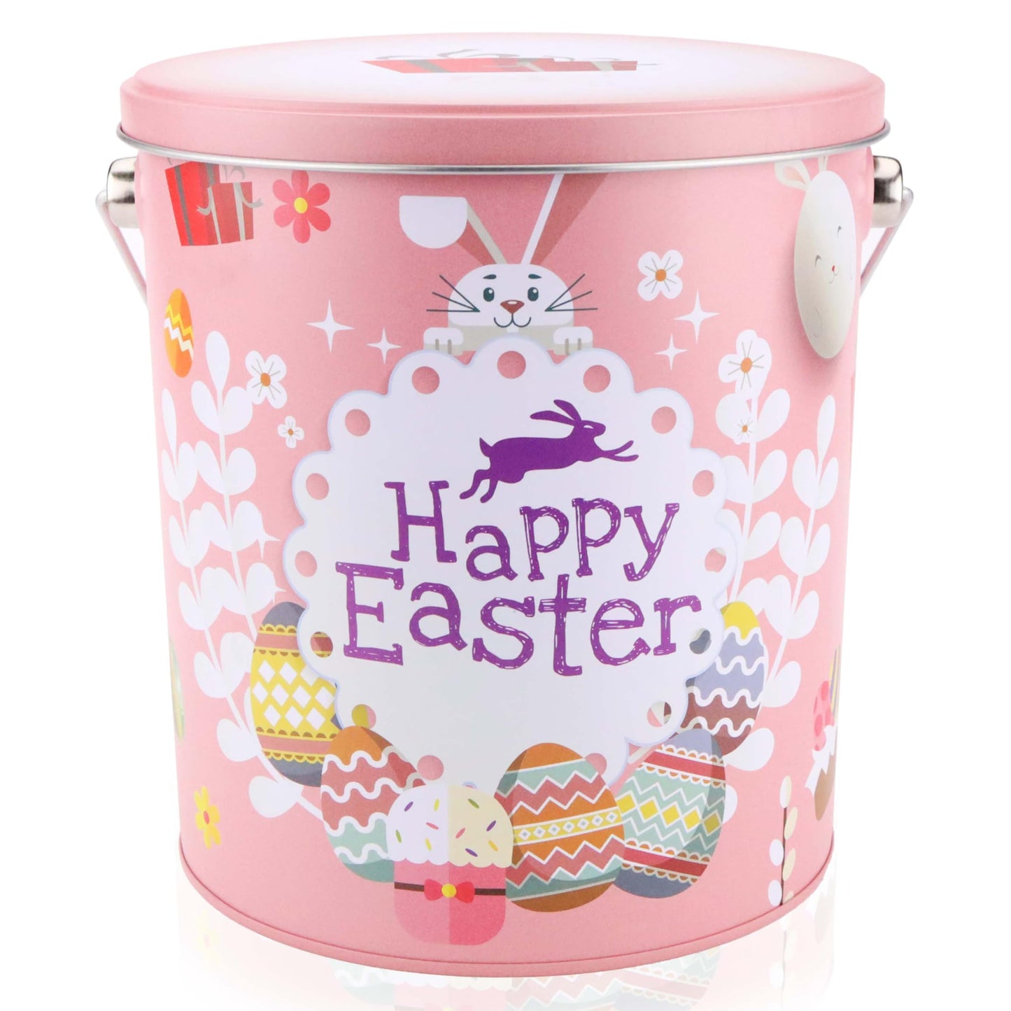 Easter Snack Pink Tin Basket (60 Count) Filled With Candy With Bunny, Great Package For Family, Friends, Kids, Boys And Girls