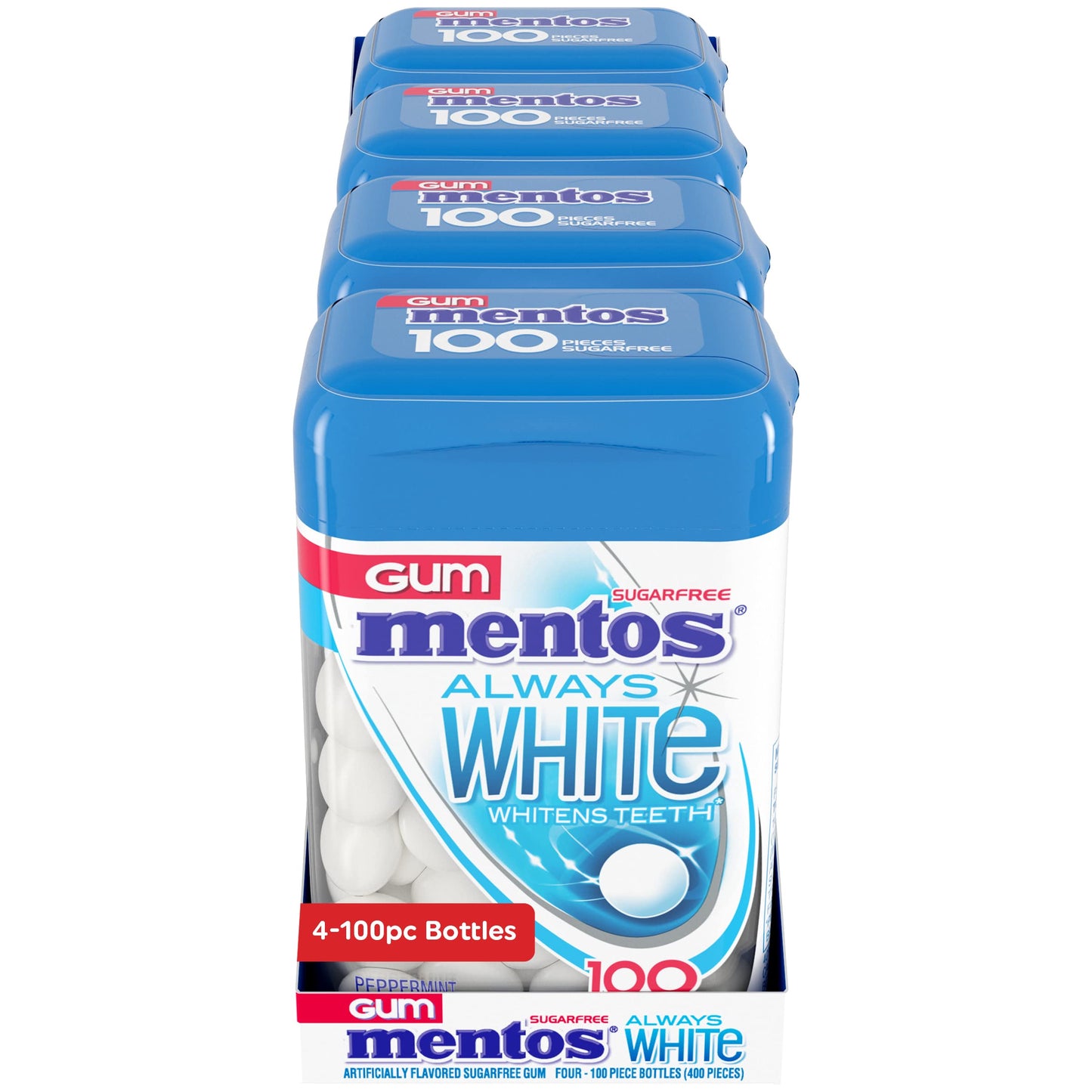 Mentos Always White Peppermint Sugar Free Gum with Xylitol Sweetener, 100 Count Bottle, 4 Bottles