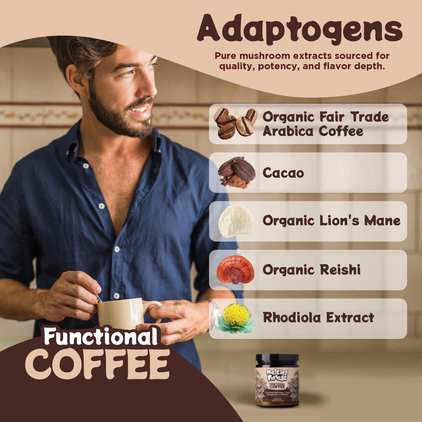 Melting Forest Mushroom Coffee  with 7 Functional Mushrooms  Cacao  Rhodiola  L-Theanine  Reishi & Lions Mane  Stress Relieving  Focus  Cognitive Function & Mental Clarity (30 Servings)