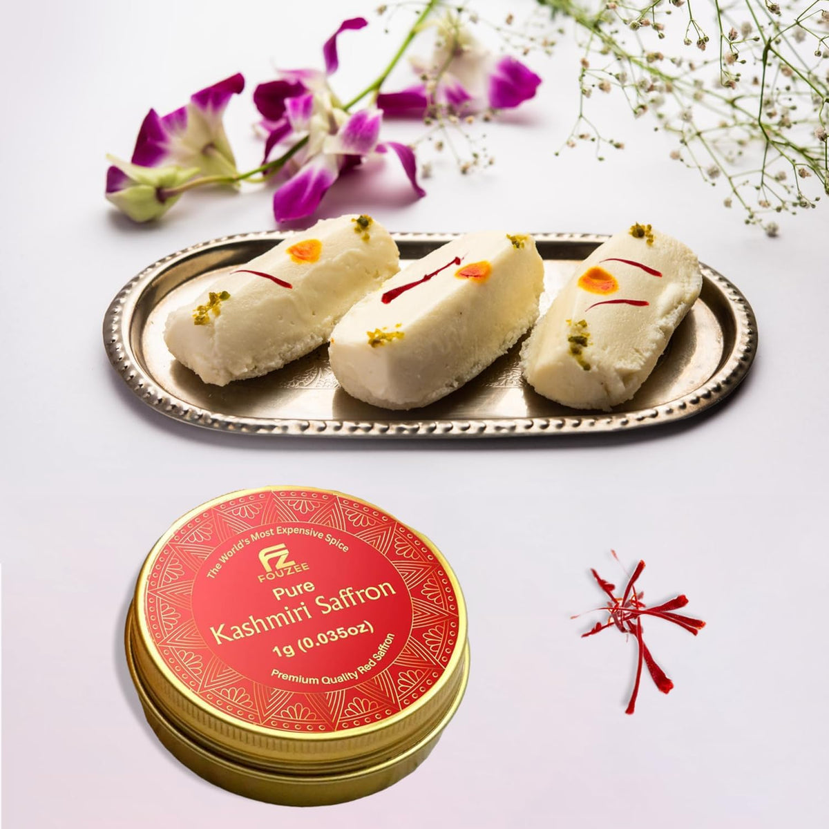 FOUZEE Pure Kashmiri Saffron Threads, 1g Pack, Dark Red, Ideal for Cooking, Spices, Rice, Tea, Desserts, Risotto