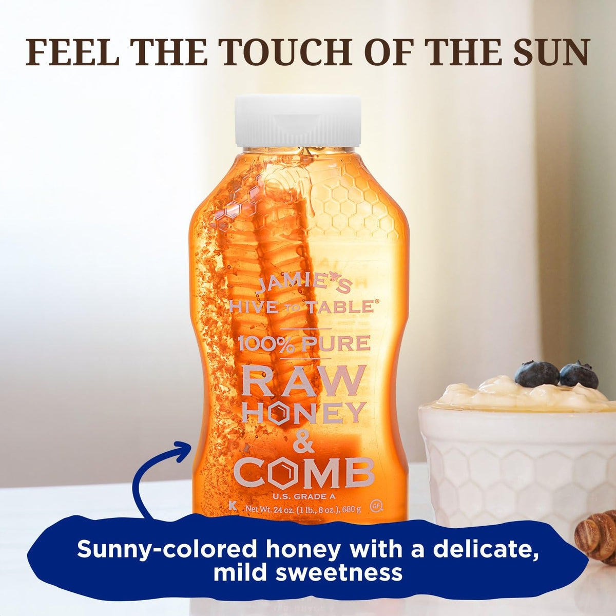 Jamies Hive To Table 100% Pure Honey With Honeycomb, 24 Oz - Usa Made Raw & Unfiltered Honey - Fresh Edible Honeycomb - All-Natu