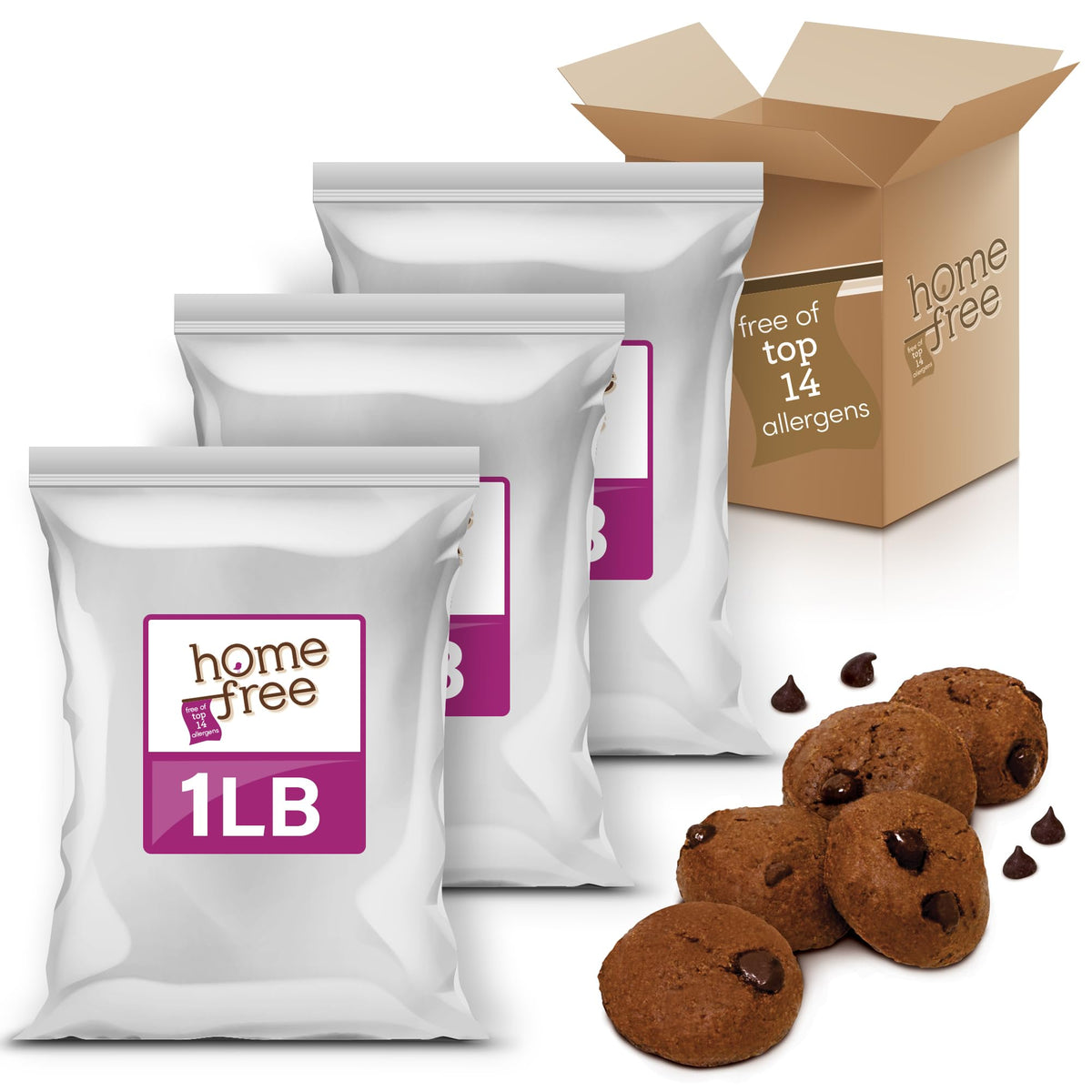 Homefree Mini Double Chocolate Chip Cookie Box, Gluten Free, Nut Free, Vegan, School Safe And Allergy Friendly Snack, 1 Lb Bag (Pack Of 3)