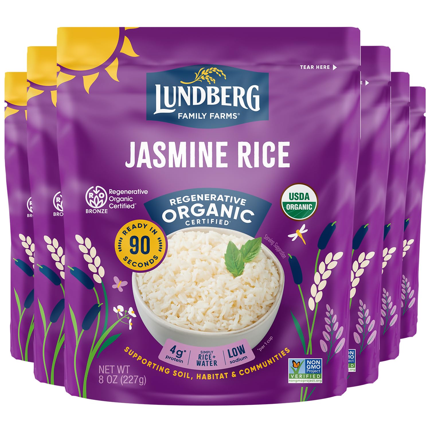 Lundberg Jasmine Rice, Ready In 90 Seconds, 6-Pack – Regenerative Organic Certified Long Grain White Rice, Microwavable, Fluffy, Non-Sticky, Aromatic Organic Rice, 8 Oz Ea