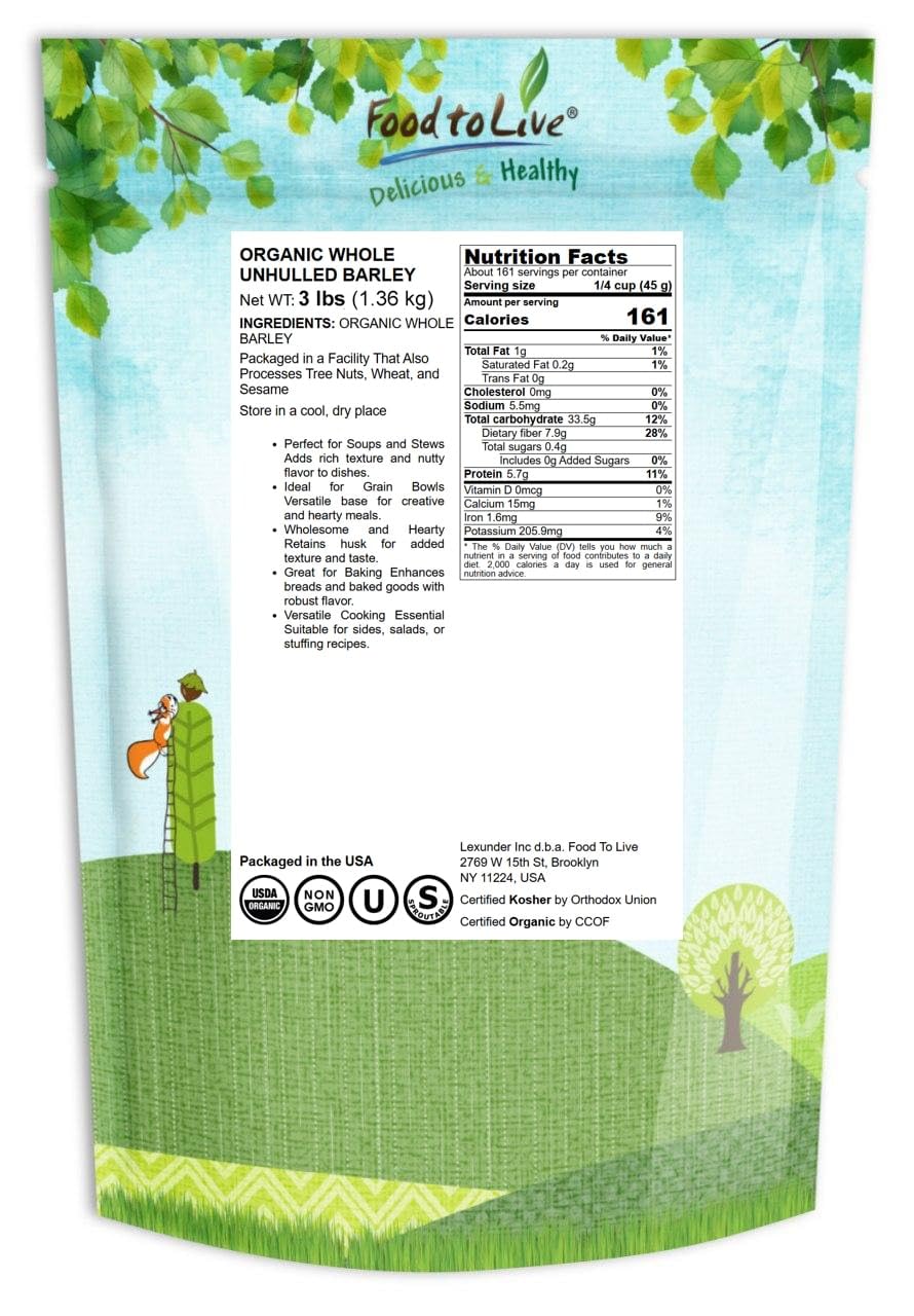 Food to Live Organic Whole Unhulled Barley, Non-GMO, High in Fiber, 3 Pounds