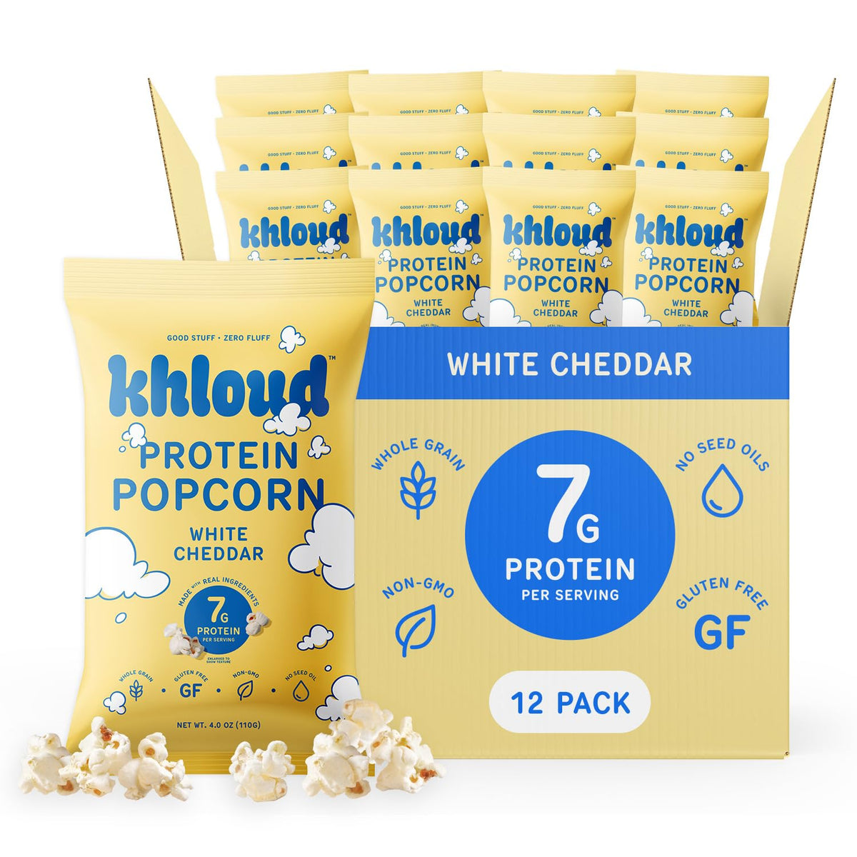 Khloud Protein Popcorn - White Cheddar - 7g Protein Snacks for Adults & Kids - Flavored Popcorn Made with Real Ingredients & Mil