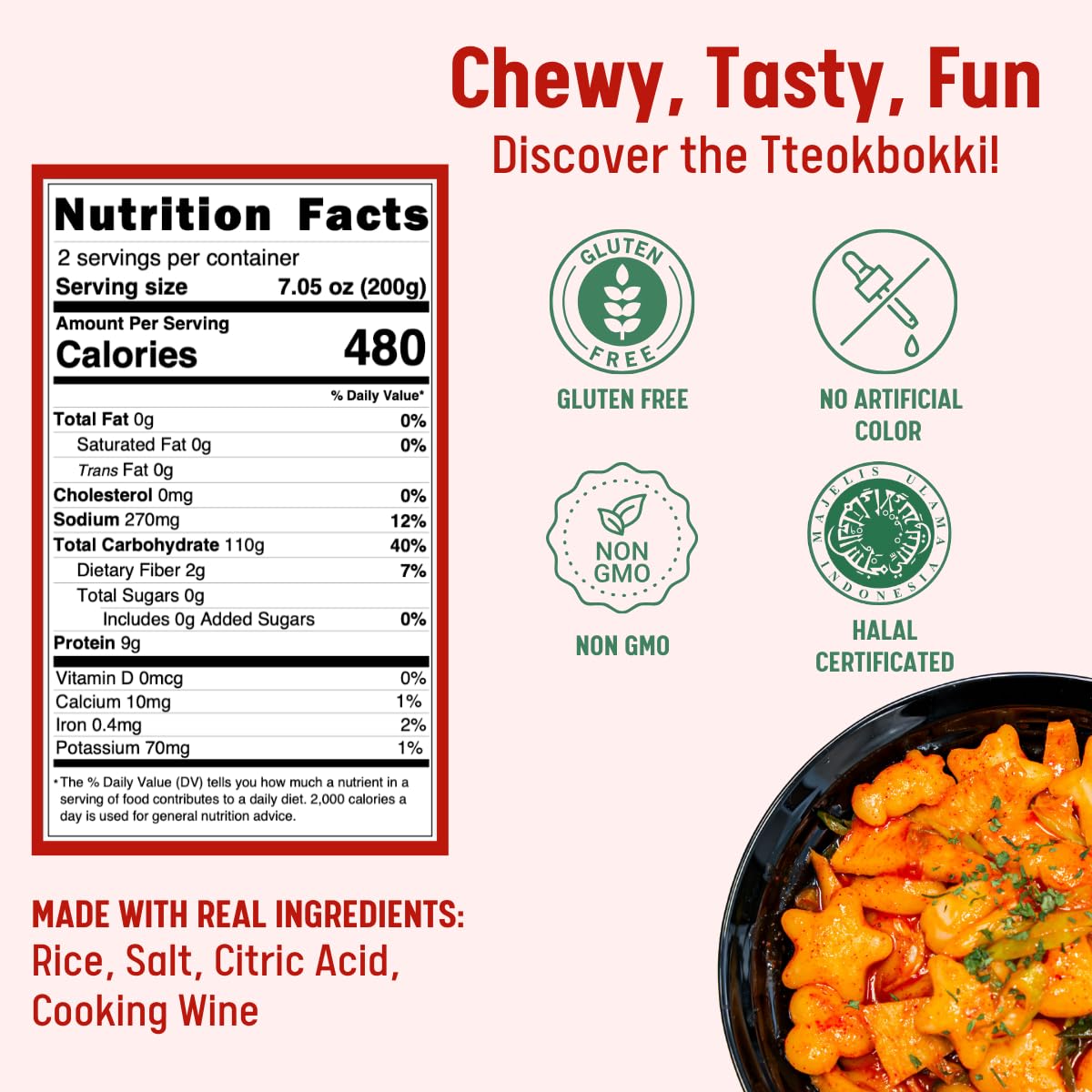 Korean Rice Cake, Tteokbokki, Fun-Shaped & Chewy, 1 Pack (2 Individual Package) Vegan, Non-Gmo, Gluten-Free, Easy To Cook, 14.10Oz Per Pack (2 Pack) (14.1 Oz)