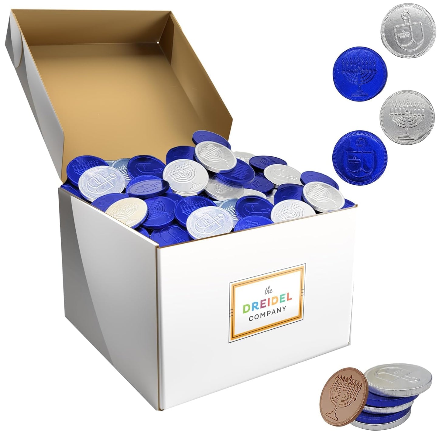 The Dreidel Company Hanukkah Chocolate Coins  Belgian Blue And Silver Milk Chocolate Coin  Nut-Free  Kosher Gelt In Hanukkah Box (20 Pounds (Bulk))