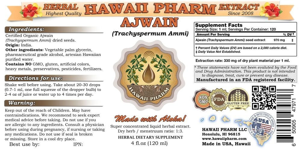 Hawaii Pharm Organic Ajwain Liquid Extract Tincture dietary product 32 Fl Oz Glass Bottle