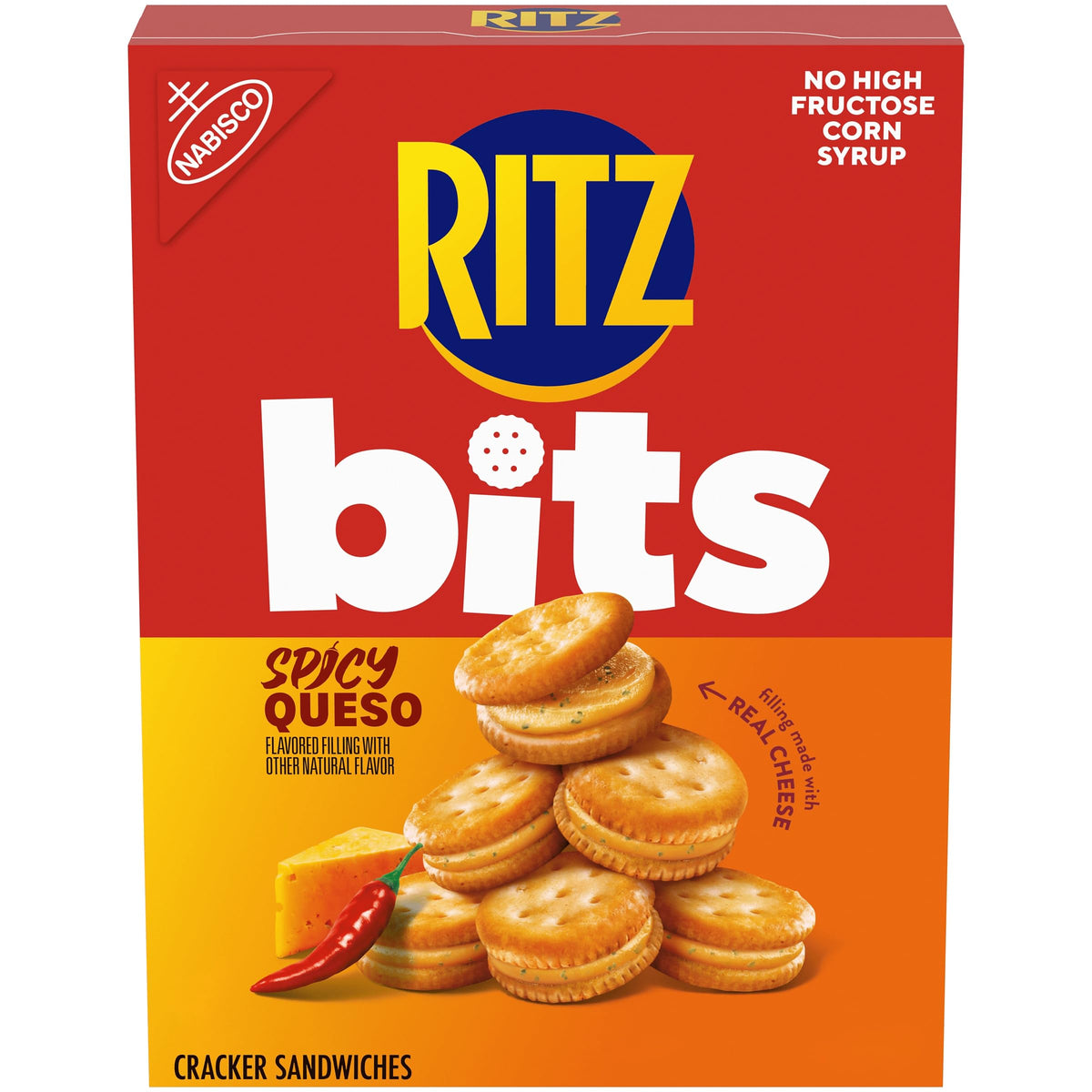 RITZ Bits Spicy Queso Cheese Sandwich Crackers, Snacks for Kids and Adults, Lunch Snacks, 8.8 oz