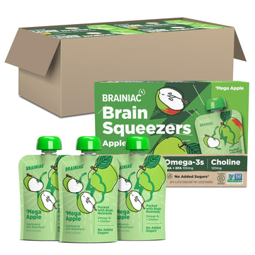 Brainiac Applesauce Mega Apple Pouches with Omega-3s, Unsweetened Applesauce with Vitamin C, Omega-3s and Choline, 40 Count, 3.2