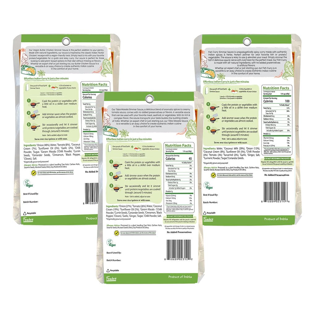 'Food Earth Indian Simmer Sauces - Variety Pack Of 6 (Fish Curry, Butter Chicken, Tikka Masala) | Organic, Vegan, Gluten-Free, R