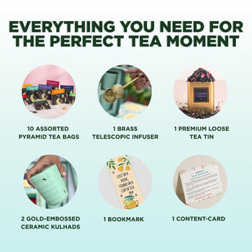 CHAYAM elegant Tea Gift Set - 10 Tea Bags, 50g Lavender Vanilla Loose Leaf, 2 Ceramic Cups, Brass Infuser, Perfect Gift for Tea Lovers