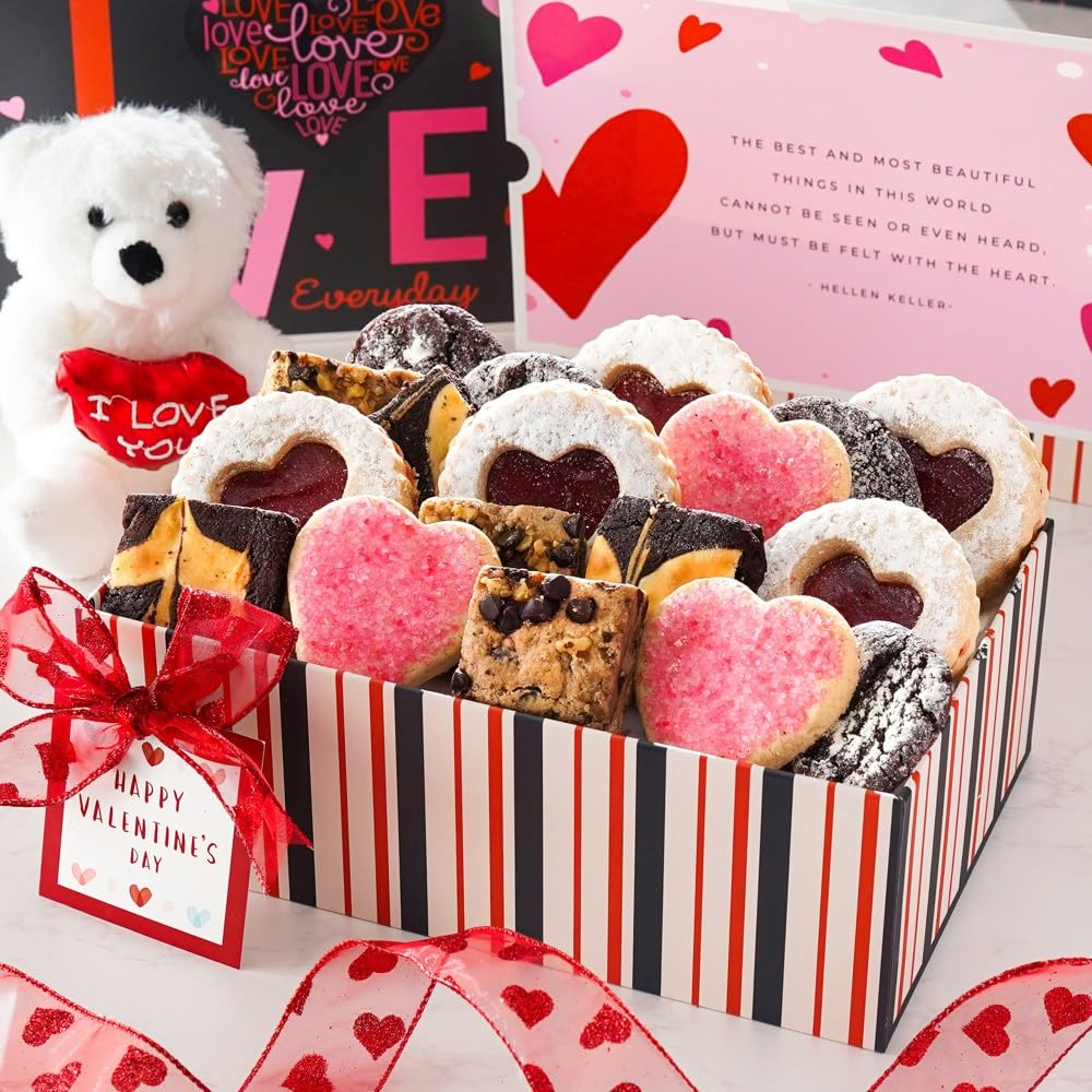 Broadway Basketeers Valentines Cookies And Brownies Gift Basket With I Love You Teddy Bear For Her  Him  Women  Kids & Heart Linzer Cookies