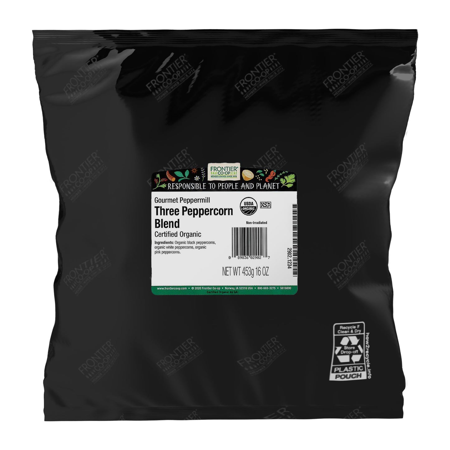 Frontier Co-Op Organic 3-Pepper Peppermill Blend  1Lb Bulk Bag - Salt-Free Gourmet Peppercorn Mix For Restaurant Supply  Grinders  Shaker Refill