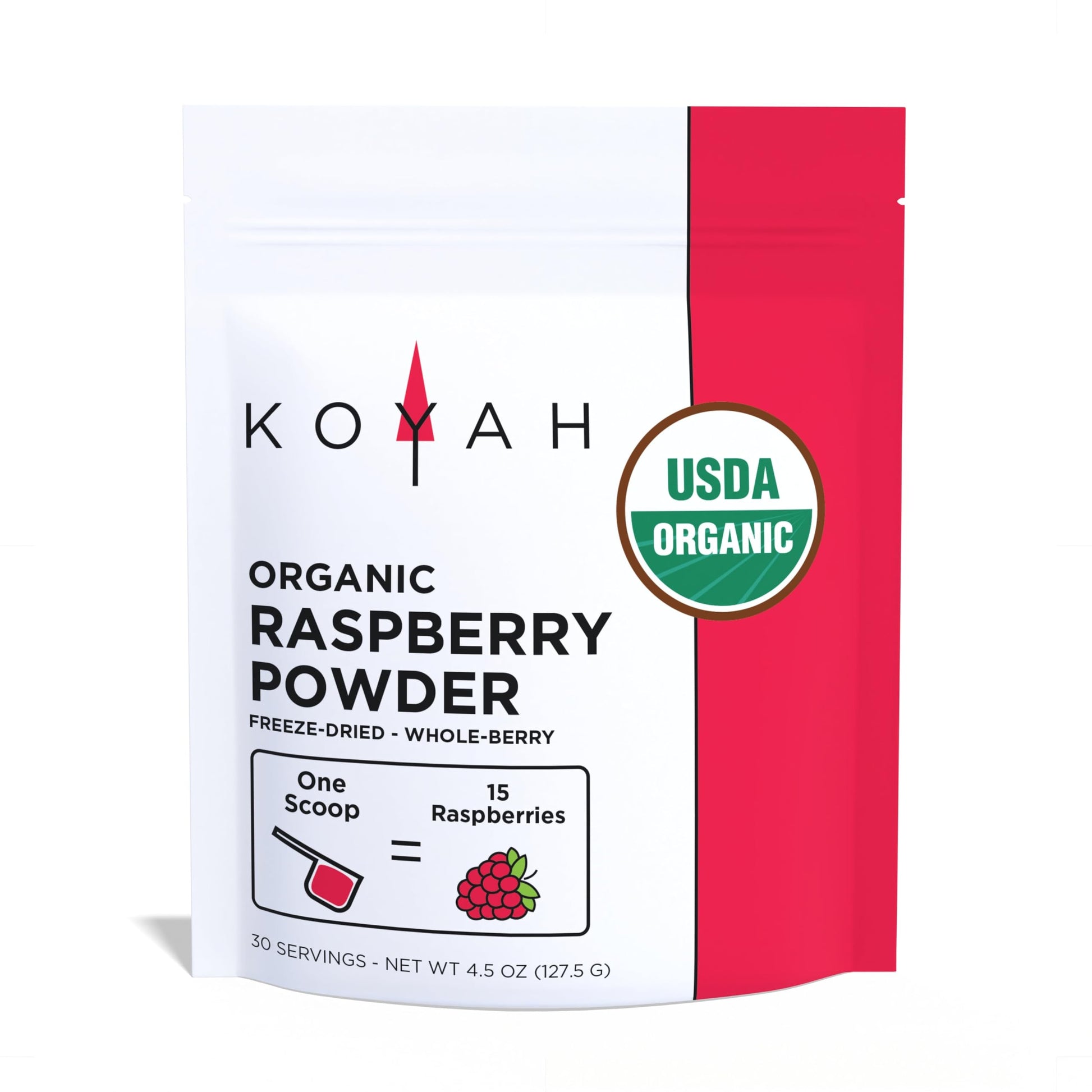 KOYAH - Organic Raspberry Powder 30 Servings (1 Scoop = 15 Raspberries), Freeze-Dried, Whole-Berry Powder, Equivalent to 450 Ras