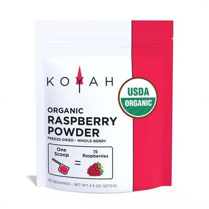 KOYAH - Organic Raspberry Powder 30 Servings (1 Scoop = 15 Raspberries), Freeze-Dried, Whole-Berry Powder, Equivalent to 450 Ras