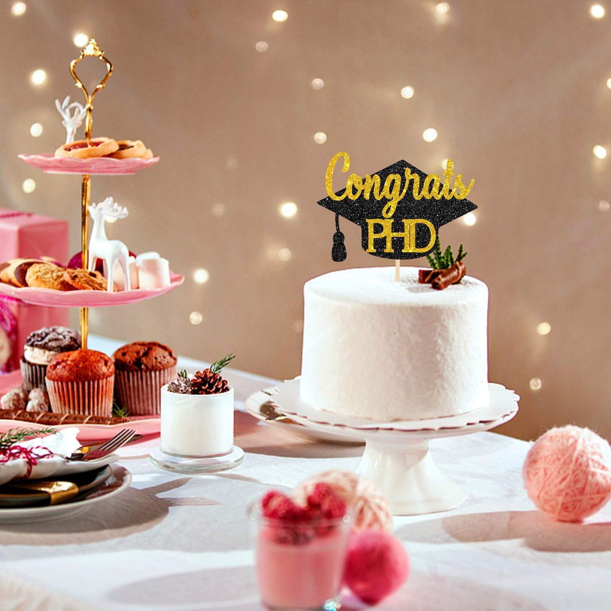 Innoru Glitter Congrats Phd Cake Topper - Congrats Grad - Phd Graduation Party Decorations Black Gold