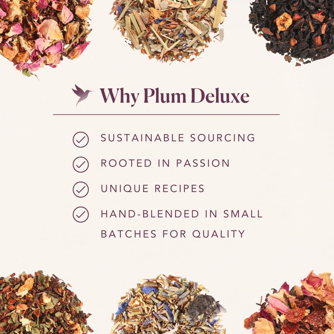 Plum Deluxe Loose Leaf Tea Sampler – 5 Caffeinated Blends – 75 to 100 Cups – Caffeine - 5 Pack Sampler