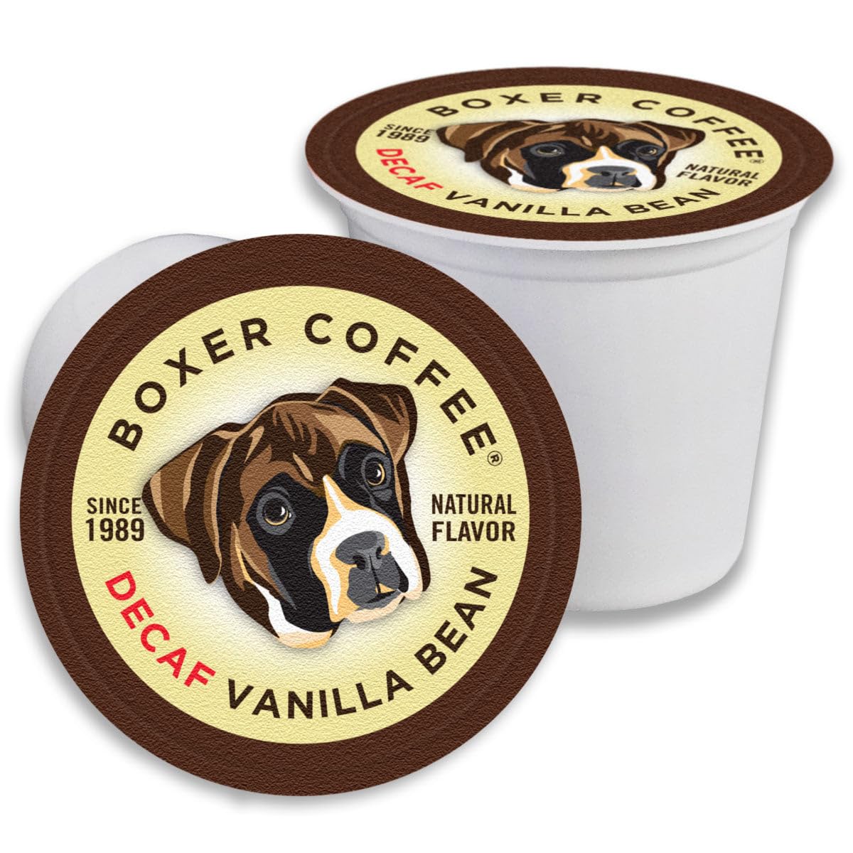 Boxer Coffee 52 Count Decaf Vanilla Bean Swiss Water Process Natural Flavoring Single-Serve Cups Pods Specialty Grade gourmet artisan coffee  Keurig K-Cup 2.0 Compatible