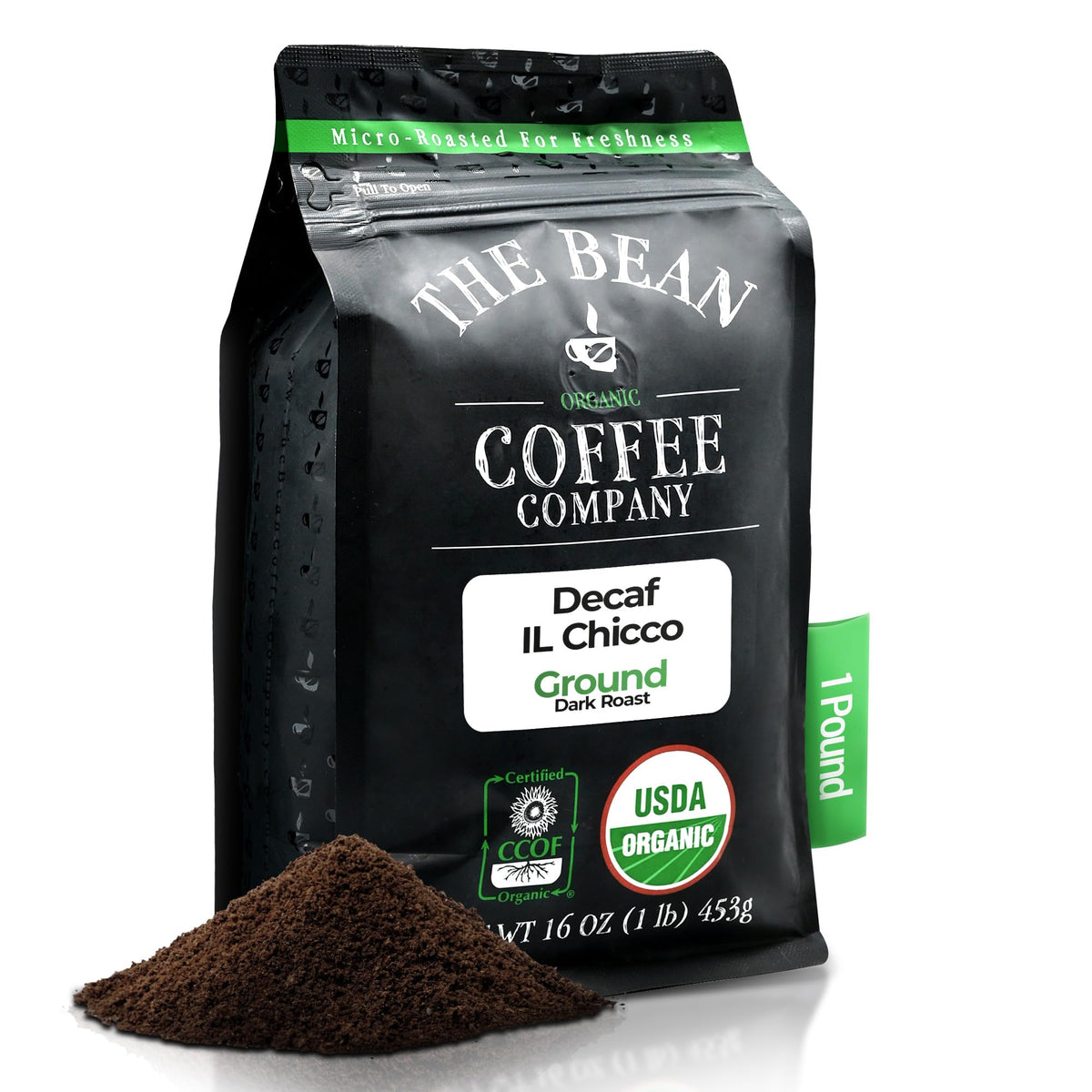 The Bean Organic Coffee Company Water Processed DECAF IL Chicco (Traditional Italian Roast), Dark Roast, Ground Coffee, 16-Ounce