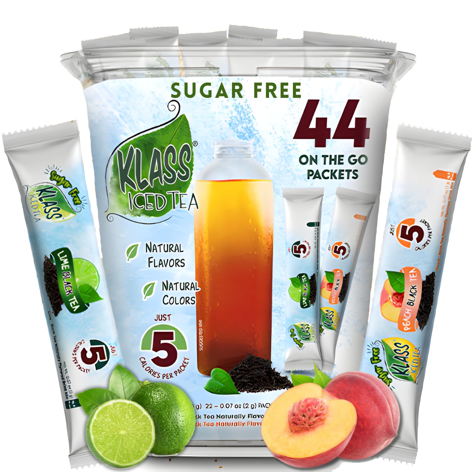 Iced Tea Drink Mix - Klass Sugar Free Variety Pack - Peach & Lime Black Tea On-The-Go! (44 Count Powder Stick Packs) 5 Calories 