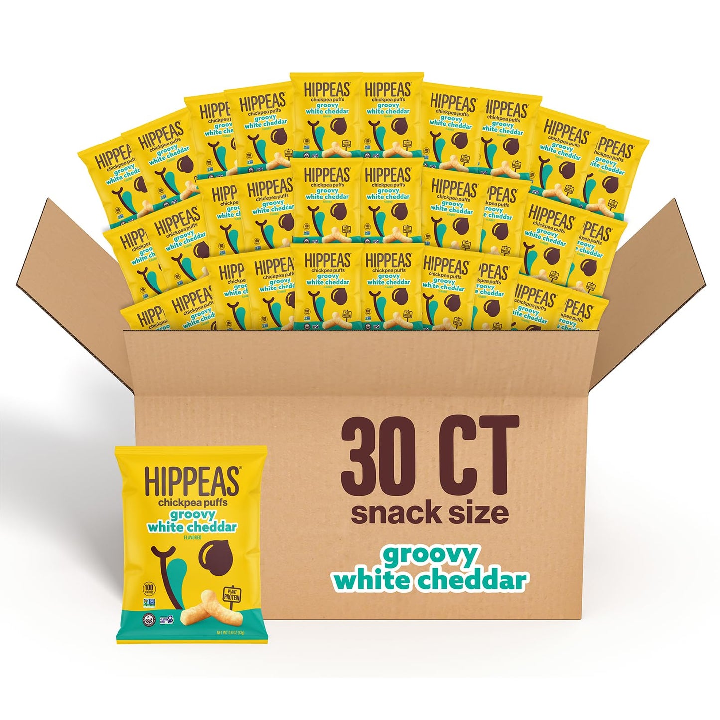 Hippeas Chickpea Puffs, Groovy White Cheddar, 0.8 Ounce (Pack of 30), 3g Protein, 2g Fiber, Vegan, Gluten-Free, Crunchy, Plant P