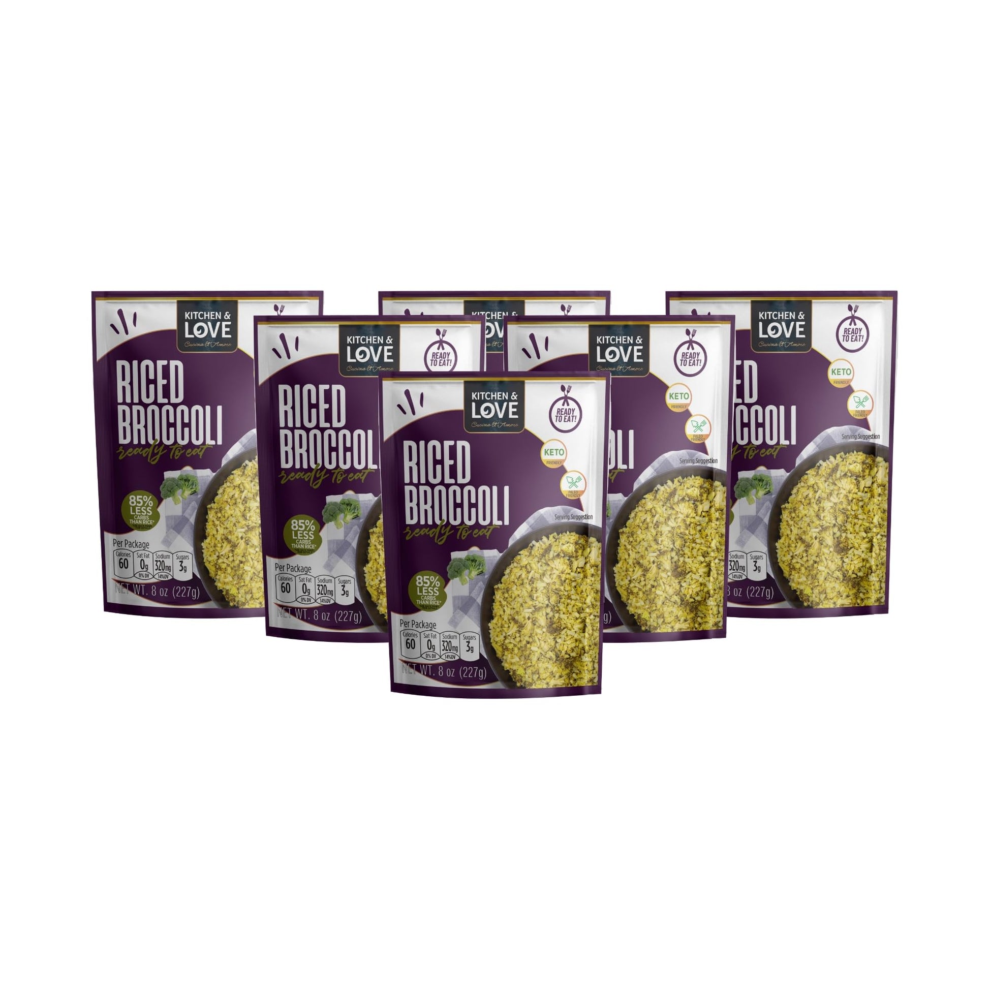 Kitchen & Love Riced Broccoli 8 Oz (6 Pack) | Low Carb & Calorie, Vegan, Ready To Eat Food, Shelf Stable Food, Plant-Based, Past