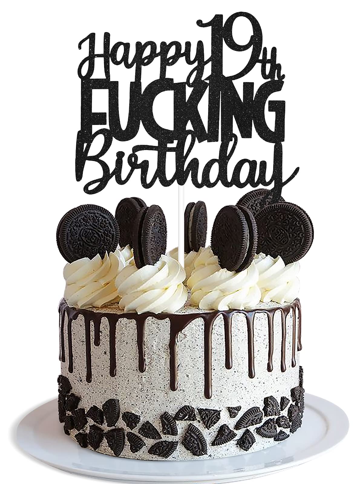 Caiwowo Birthday Cake Topper - Funny Black Glitter Design for 19th Birthday Celebration - Paper Material