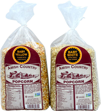 Amish Country Popcorn | 2-2 lb Bags | 2 lb Baby White & 2 lb Baby Yellow Popcorn Kernels | Old Fashioned, Non-GMO and Gluten Fre