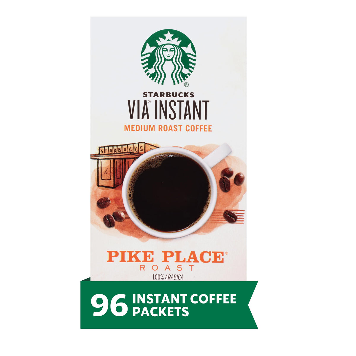 Starbucks VIA Instant Coffee, Medium Roast, Pike Place, 12 Boxes (96 Packets Total)
