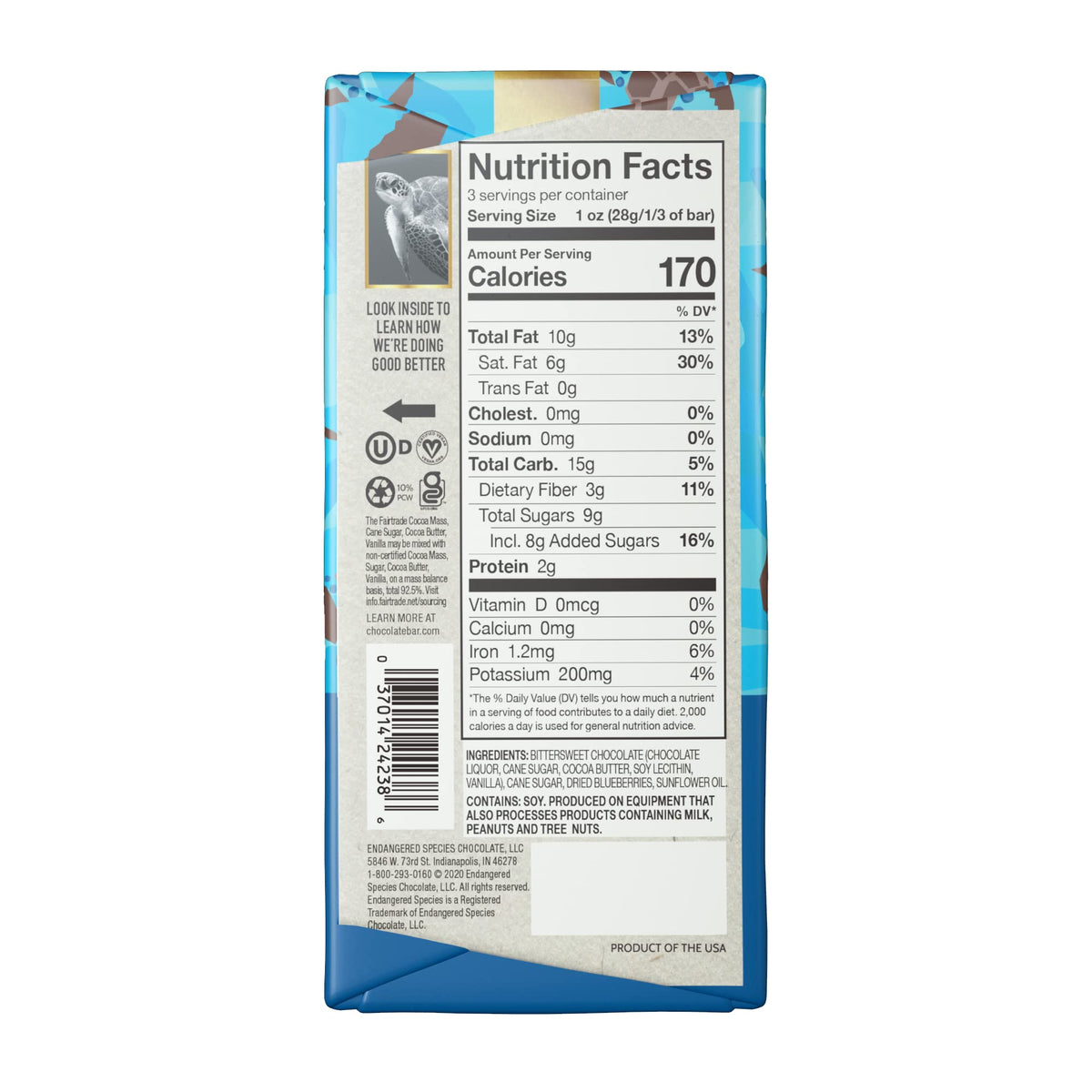 Endangered Species Dark Chocolate Bar with Blueberries 72% Cocoa 3 Ounce