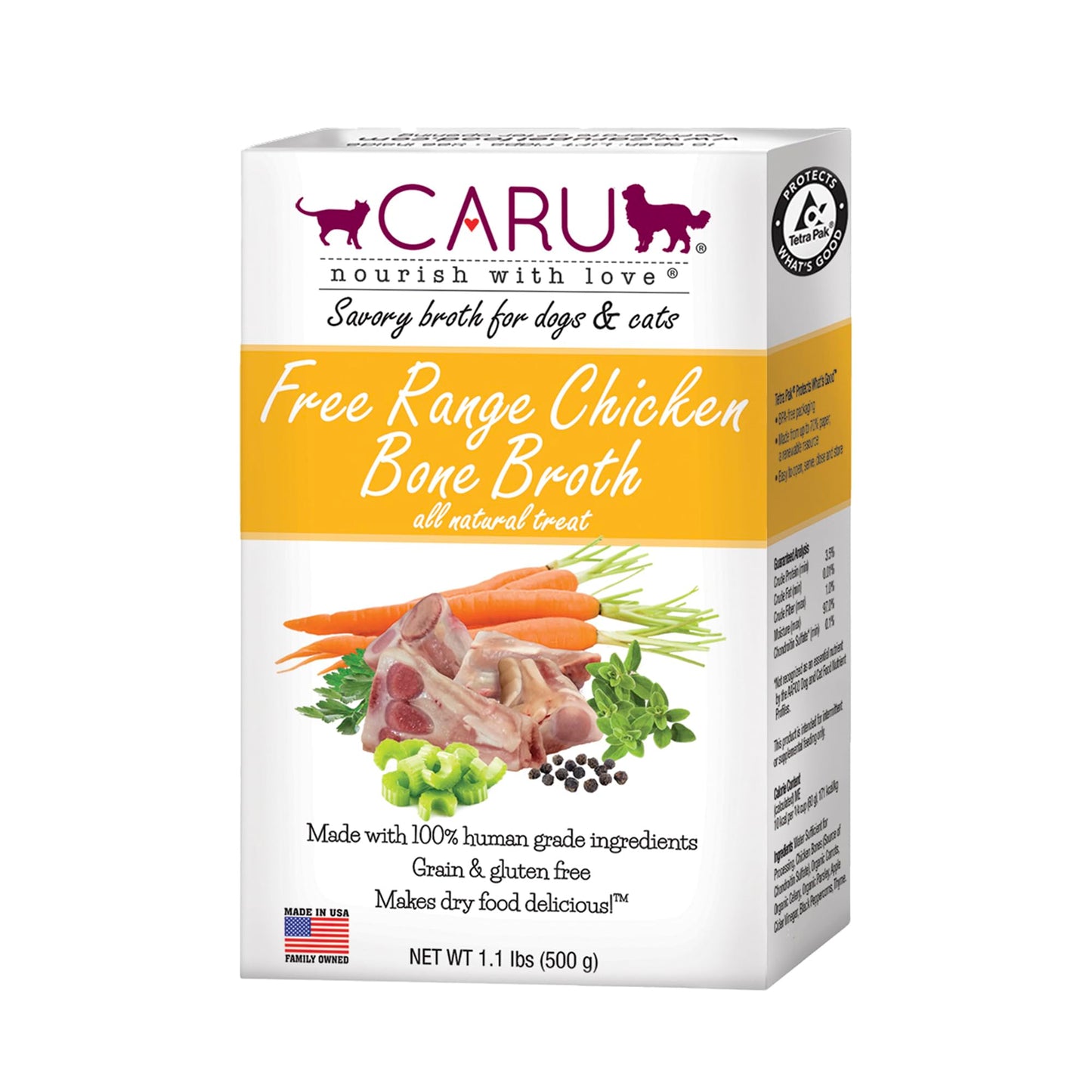 Caru Free Range Chicken Bone Broth For Dogs And Cats  Moistens Dry Food Or Pour Over Freeze Dried Raw Food  Grain And Gluten Free  Non-Gmo Ingredients (1.1 Lbs)
