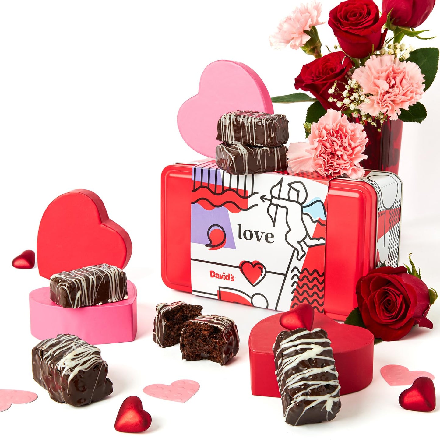 Davids Cookies Chocolate Covered Brownies In Love Sweet Sampler Tin - 8Pcs Individually Wrapped Oven-Fresh Baked Brownie Bites Gift Tin Box - Gourmet ValentineS Food Gift For Her Him