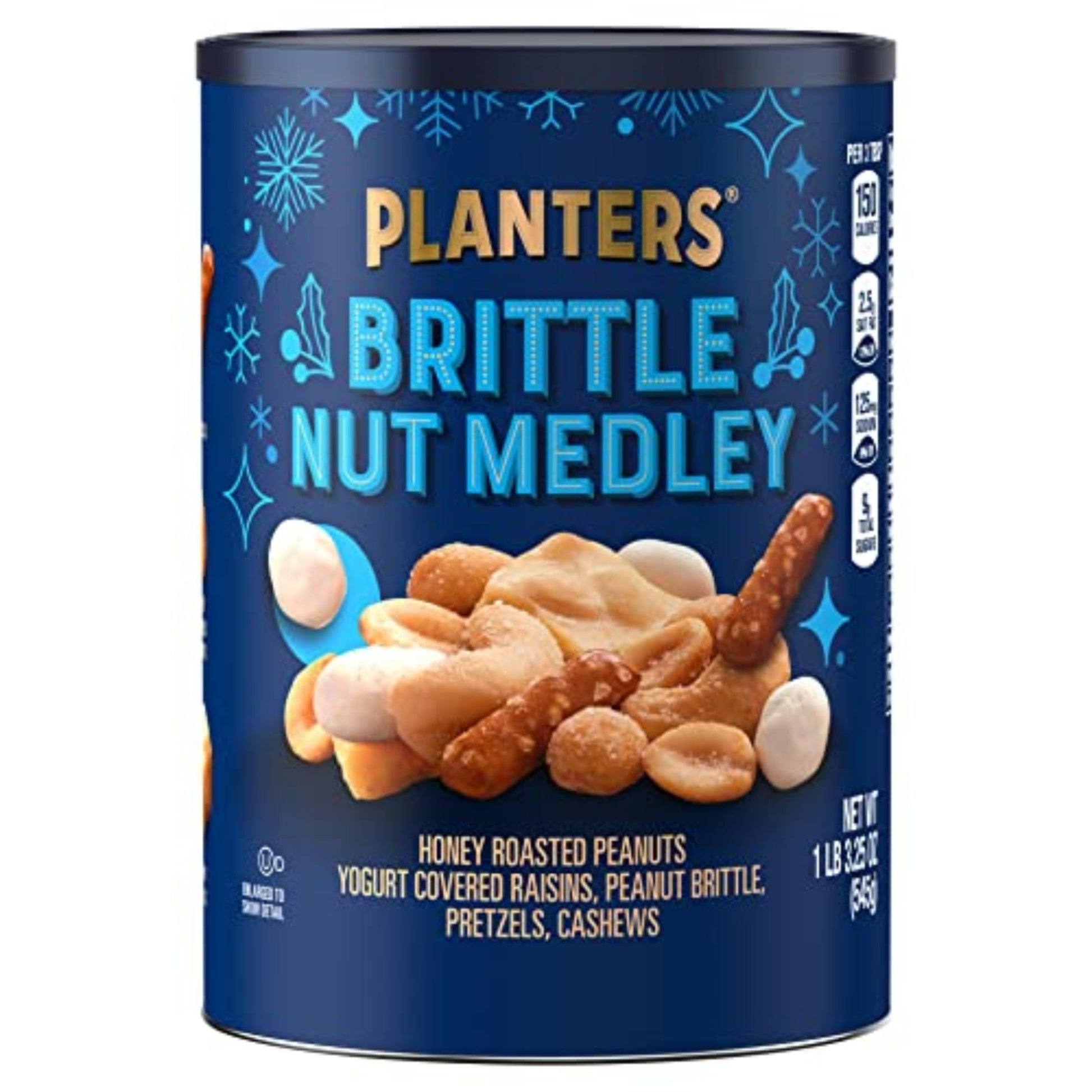 PLANTERS Holiday Brittle Nut Medley Trail Mix Snack with Honey Peanuts  Yogurt Raisins  Peanut Brittle  Pretzels & Cashews  Holiday Snack  Party Nut Mix  1 lb. Canister